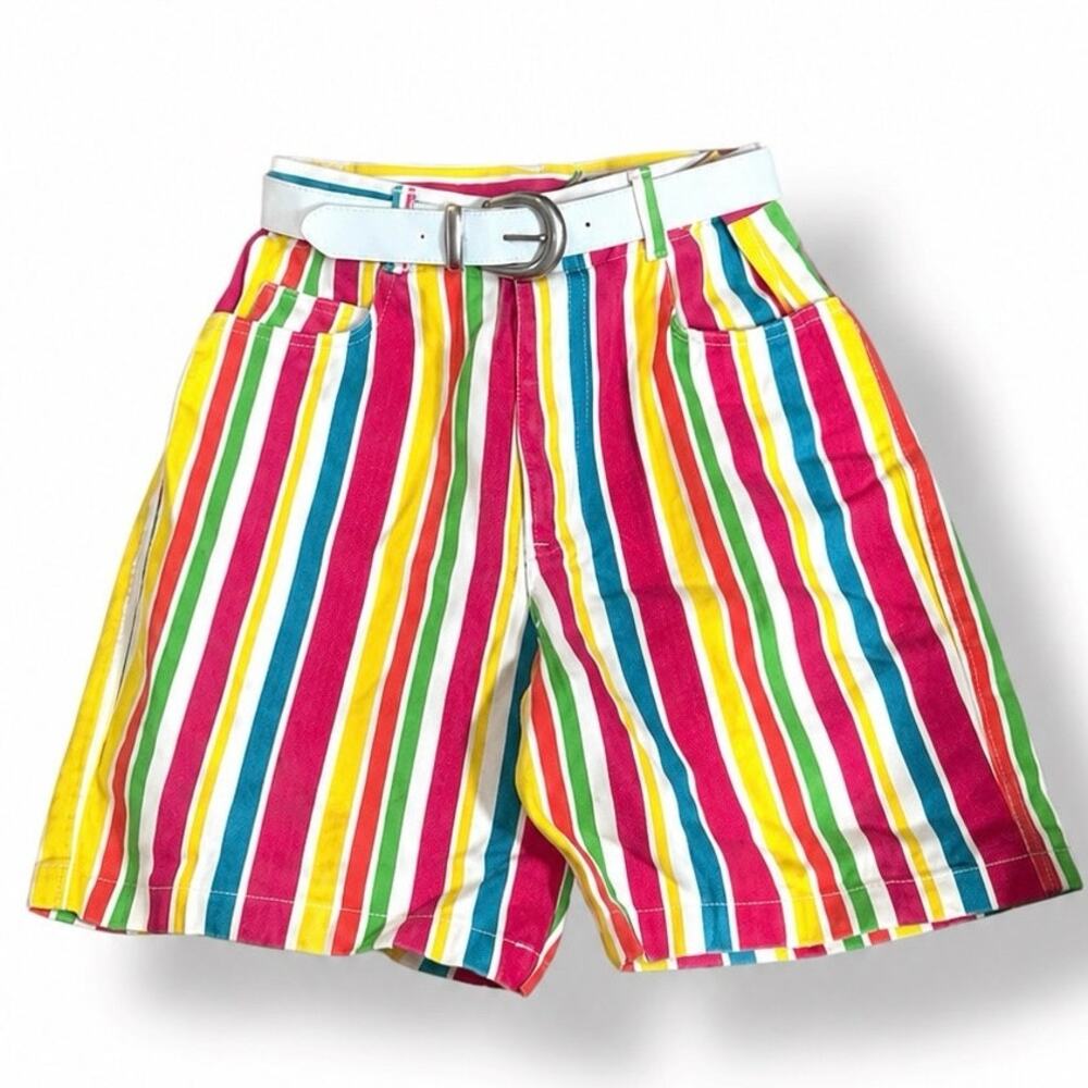 Vintage 90s Bonjour Rainbow Stripe High Waist Denim Shorts Mom Jeans Kidcore